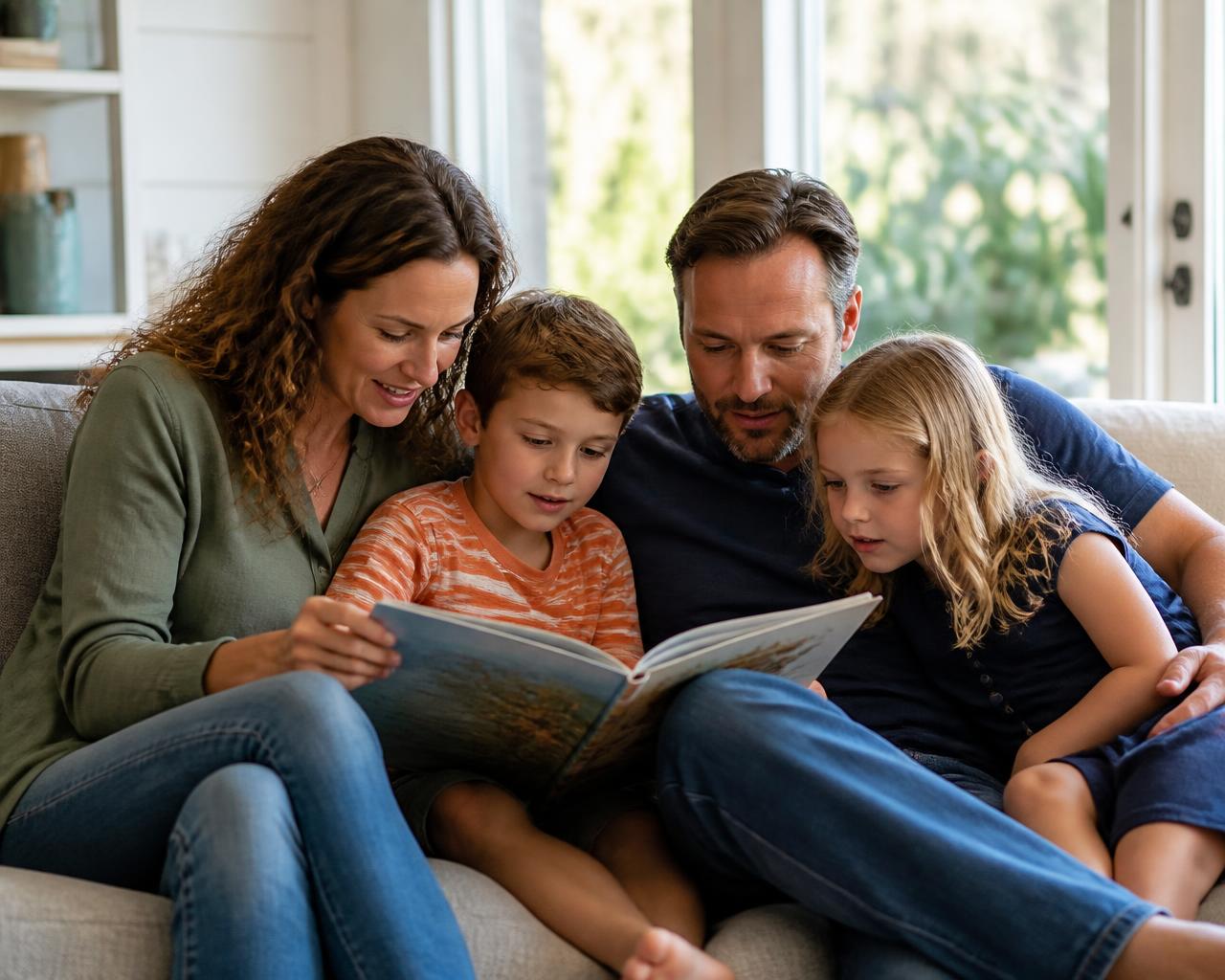 Diverse parents and children reading together